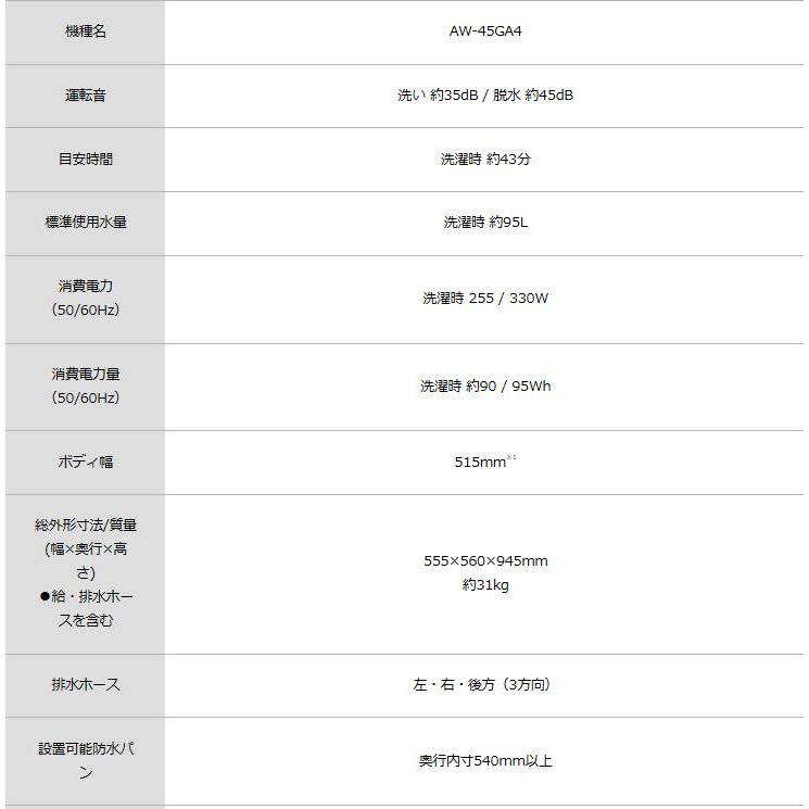 送料無料】東芝 全自動洗濯機4.5kg AW-45GA4-W 【大型便・時間指定不可
