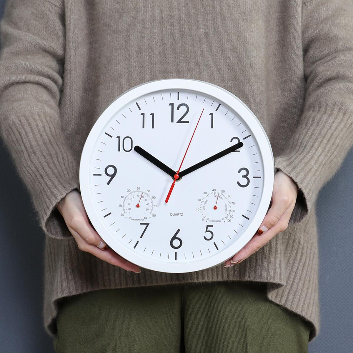 【送料無料】欠品中 次回4月上旬予定 不二貿易 掛時計 温湿度計付 アーバン 25cm WH 8019 【メーカー直送・代引不可・置配不可・配送地域限定】