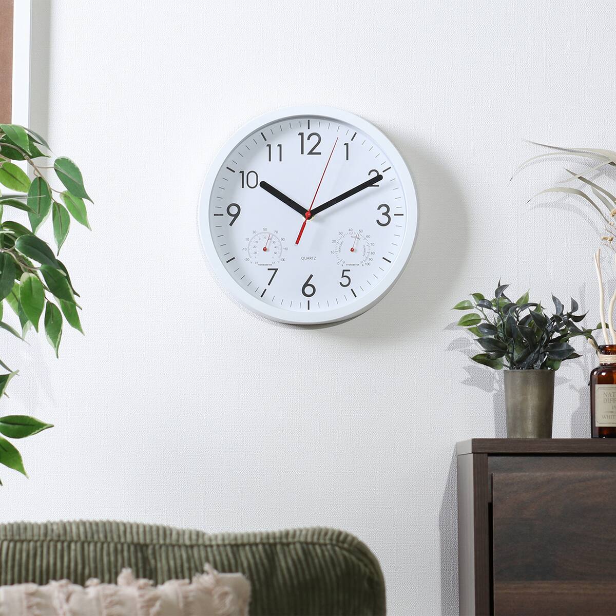 【送料無料】欠品中 次回4月上旬予定 不二貿易 掛時計 温湿度計付 アーバン 25cm WH 8019 【メーカー直送・代引不可・置配不可・配送地域限定】