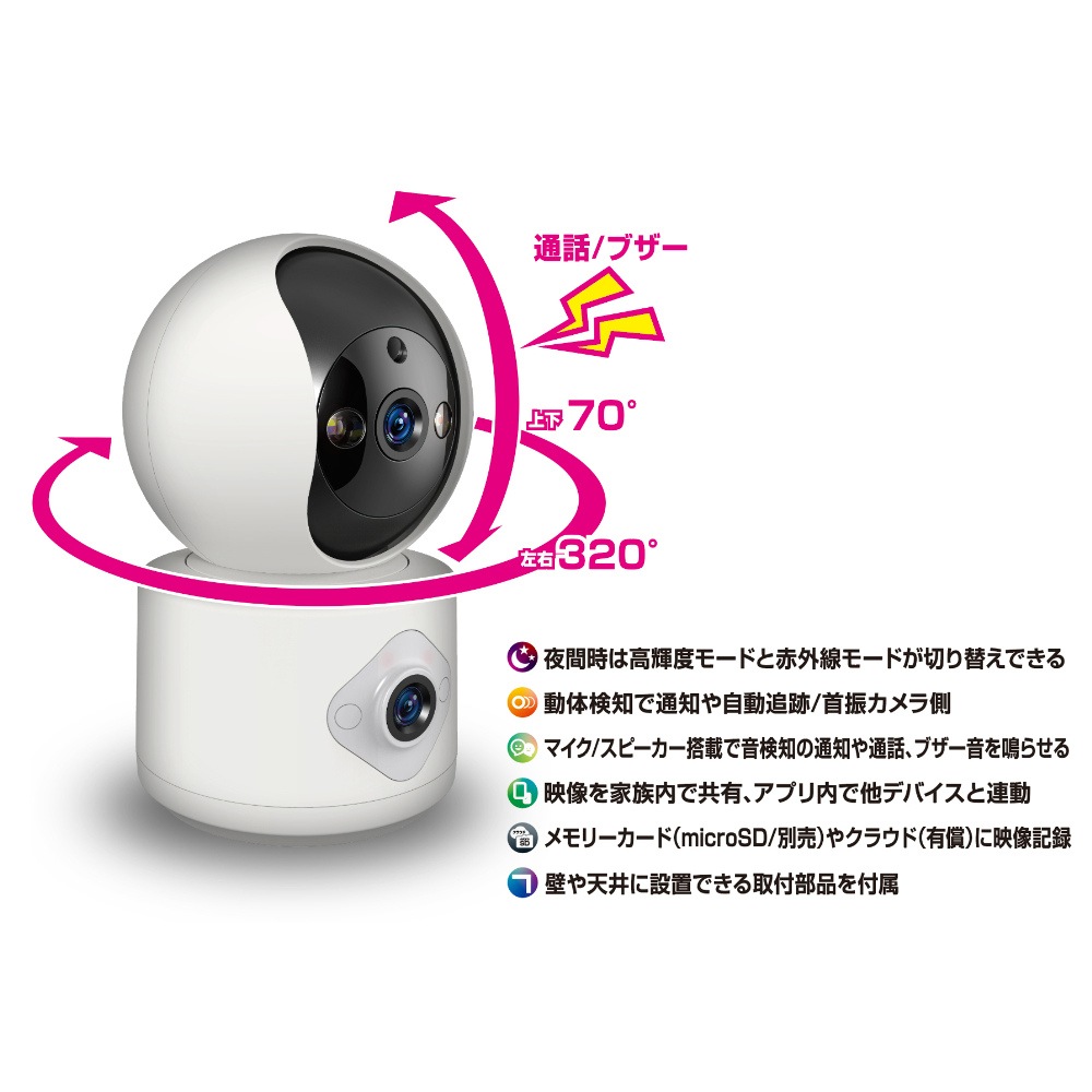 【送料無料】カシムラ スマートカメラ 2眼/首振/照明 KJ-206
