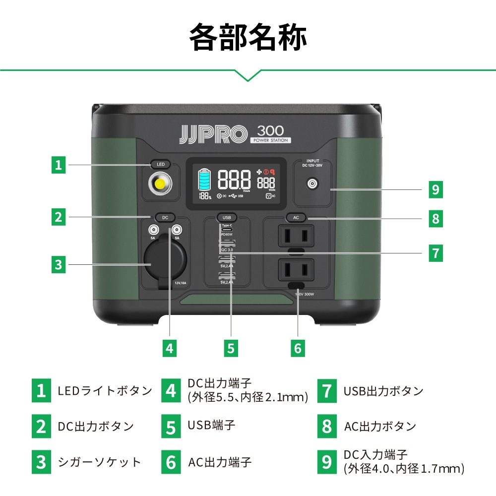 【送料無料】JJPRO ポータブル電源300 JP01-PB1-300 【メーカー直送・代引不可・配送地域限定】