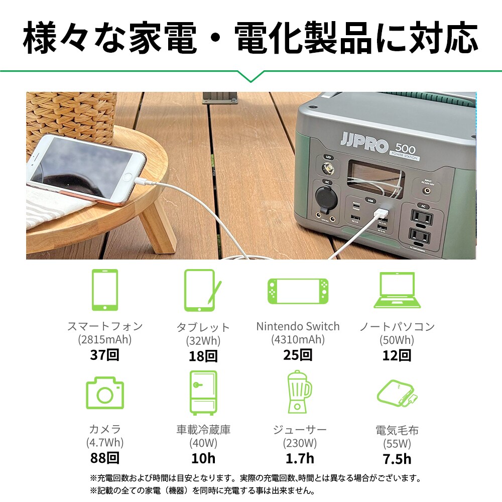 【送料無料】JJPRO ポータブル電源500 JP01-PB1-500 【メーカー直送・代引不可・置配不可・配送地域限定】
