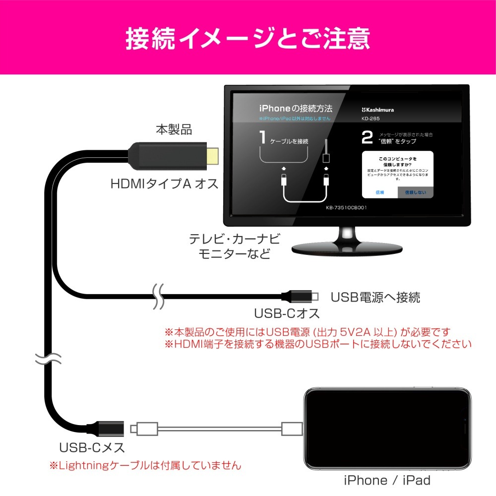 カシムラ HDMI変換ケーブル iPhone専用 USB-C中継 KD-265 | カー
