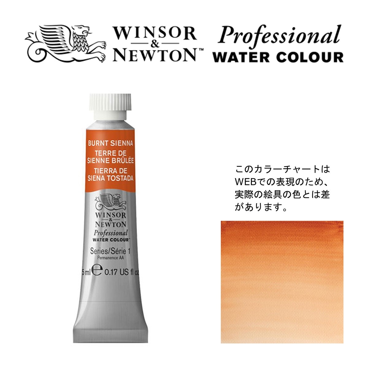 W&N PWC 5ml チューブ 074 バーントシェンナ Winsor&Newton プロフェッショナル・ウォーターカラー 最高級透明水彩