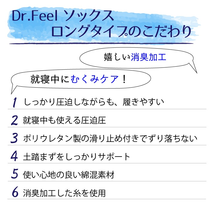 Dr.Feel 医療用弾性ソックス（ロングタイプ）　Night-肌に優しい綿混素材-　ネコポス送料無料（1点まではネコポス、2点以上宅配便でお届け)　カラー：ブラック