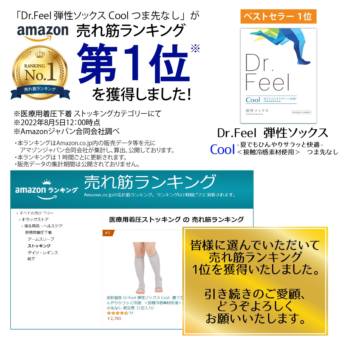 Dr.Feel 弾性ソックス Cool -夏でもひんやりサラッと快適- ＜接触冷感素材使用＞　ネコポス送料無料（2点まではネコポス、3点以上宅配便でお届け）　カラー：グレー