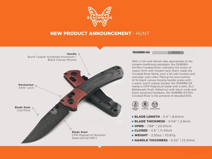 �٥���ᥤ�� �ߥ˥���å��ɥ�С� �ޥ��ʥ��å� 15085BK-04 BENCHMADE MINI CROOKED RIVER MAGNACUT 