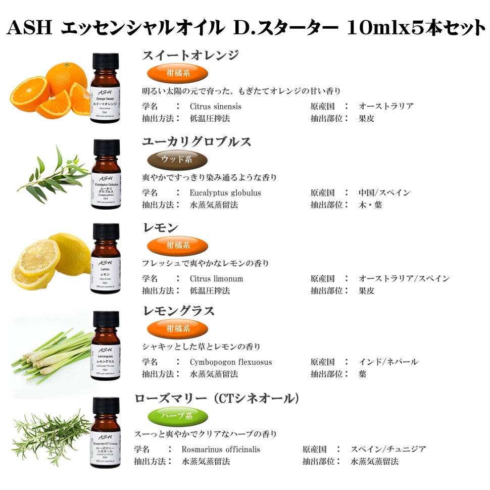 アロマオイル セット 入門スターター 10mlx5本 (D) (エッセンシャルオイル 精油)  【スイートオレンジ、ユーカリ、レモン、レモングラス、ローズマリー】【AEAJ表示基準適合認定精油】