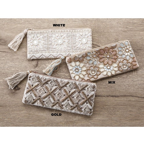 ビーズ刺繍横長ポーチ