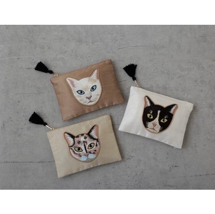 キャット刺繍フラットポーチ