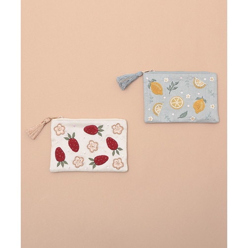 フルーツ刺繍（イチゴ・レモン）ポーチS