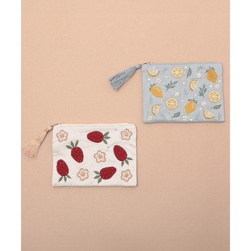 フルーツ刺繍（イチゴ・レモン）ポーチL