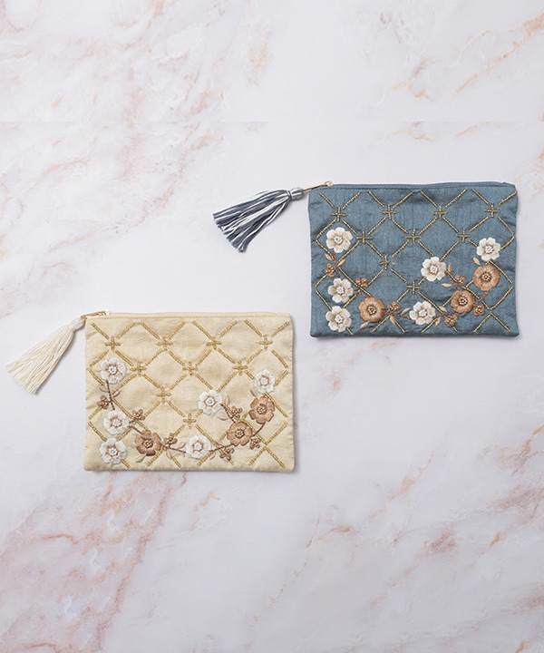 フラワー格子 刺繍ポーチL