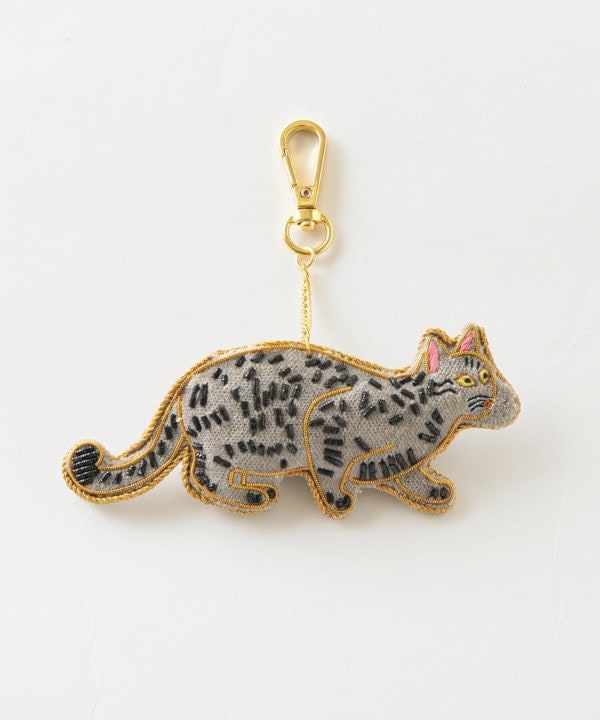 ザリ刺繍 キャット・グレー バッグチャーム（キーホルダー）