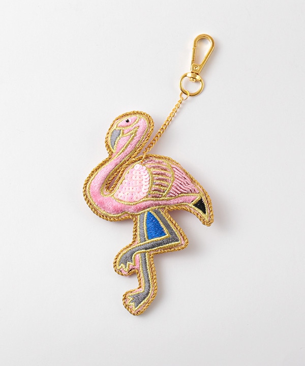 ザリ刺繍フラミンゴ バッグチャーム（キーホルダー）