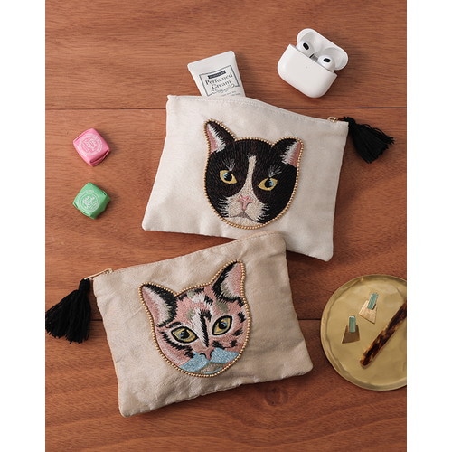 キャット刺繍フラットポーチ