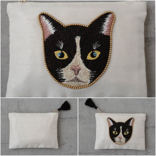 キャット刺繍フラットポーチ
