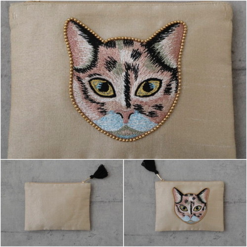キャット刺繍フラットポーチ
