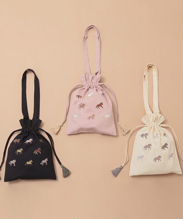 ウマ刺繍巾着バッグ