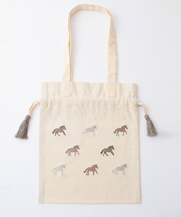 ウマ刺繍巾着バッグ