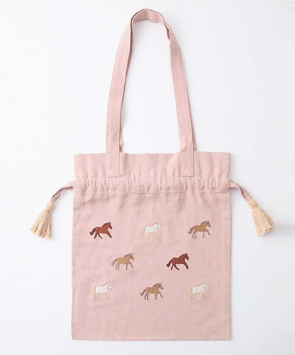 ウマ刺繍巾着バッグ