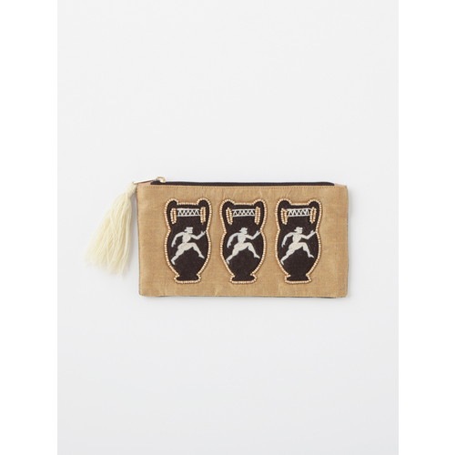 ギリシャ壺刺繍横長ポーチ