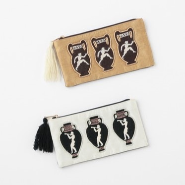 ギリシャ壺刺繍横長ポーチ