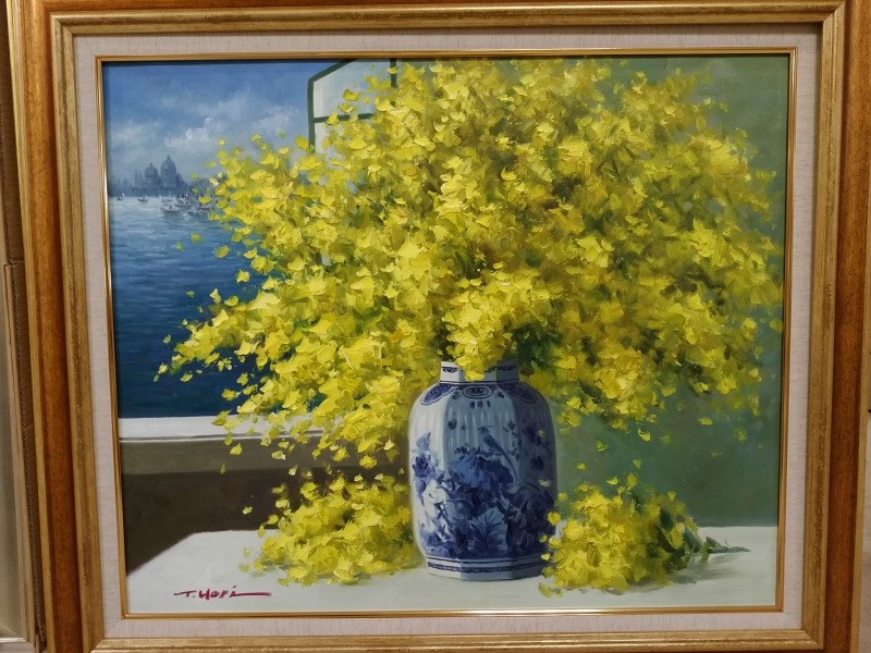堀哲夫 油絵 絵画 ミモザ 880mm×760mm 額付 アート