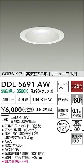 大光電機 屋内・屋外兼用ベースダウンライト DDL5691AW 温白色 Φ125