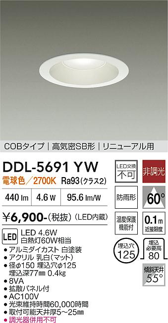 大光電機 屋内・屋外兼用ベースダウンライト DDL5691YW 電球色 Φ125