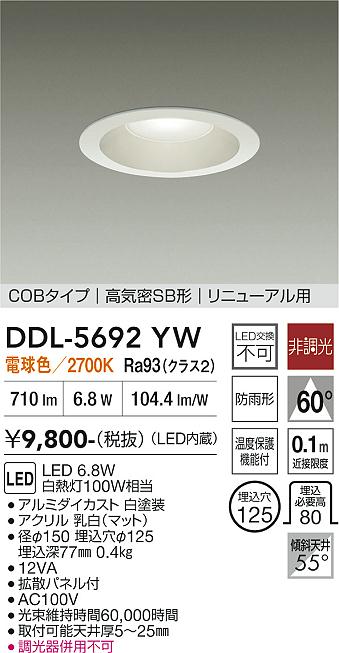 大光電機 屋内・屋外兼用ベースダウンライト DDL5692YW 電球色 Φ125