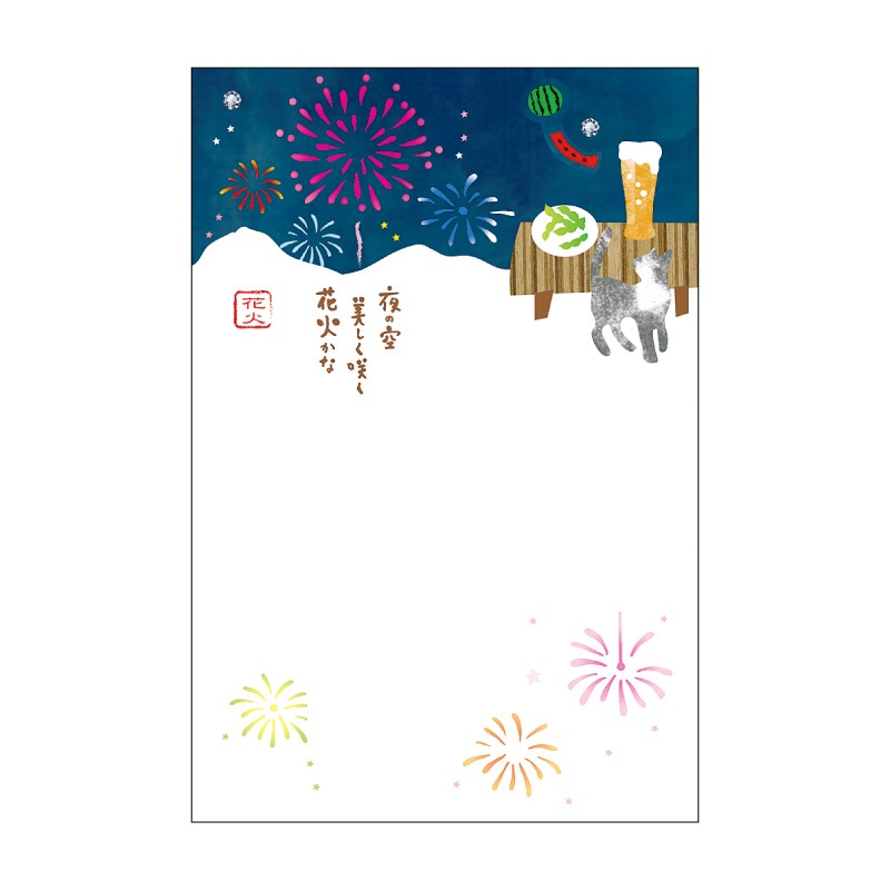 ポストカード 《 花火と浴衣 》オリジナル 手描きイラスト