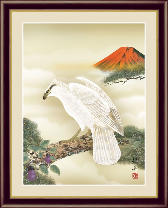 南天に雀』 長江桂舟 洛彩緞子本表装 掛軸 複製名画 花鳥画
