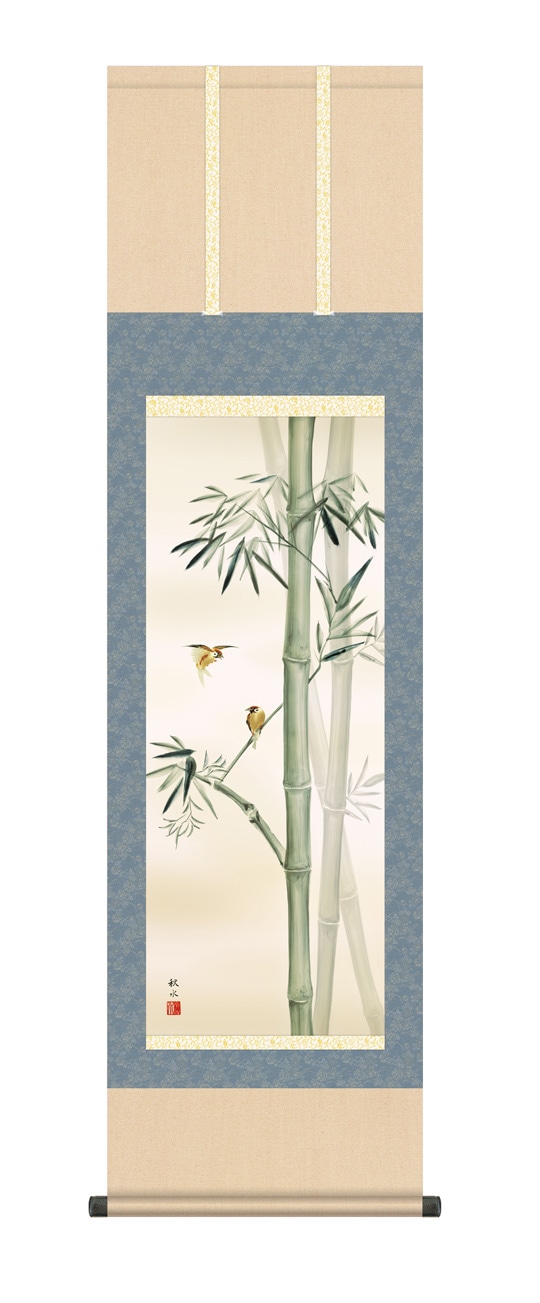 田端秋涛　寒雀　竹と南天に雀　花鳥画　掛け軸　合わせ箱　書画、骨董品、美術品 南天に雀』 長江桂舟 洛彩緞子本表装 掛軸 複製名画 花鳥画