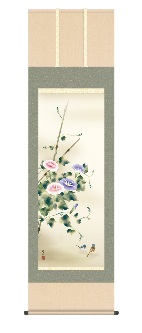 南天』 田村竹世 洛彩緞子本表装 掛軸 複製名画 花鳥画【ポイント5