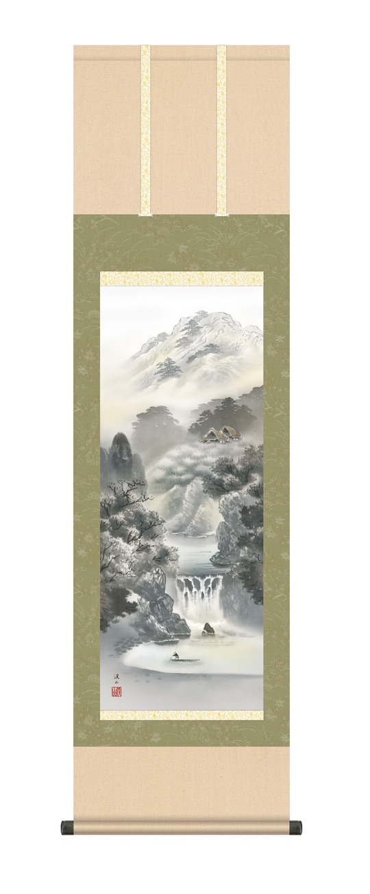 水墨夏景山水画 掛軸 [山水画] 【深緑渓谷】 伊藤渓山 尺五 [H30B4-015B