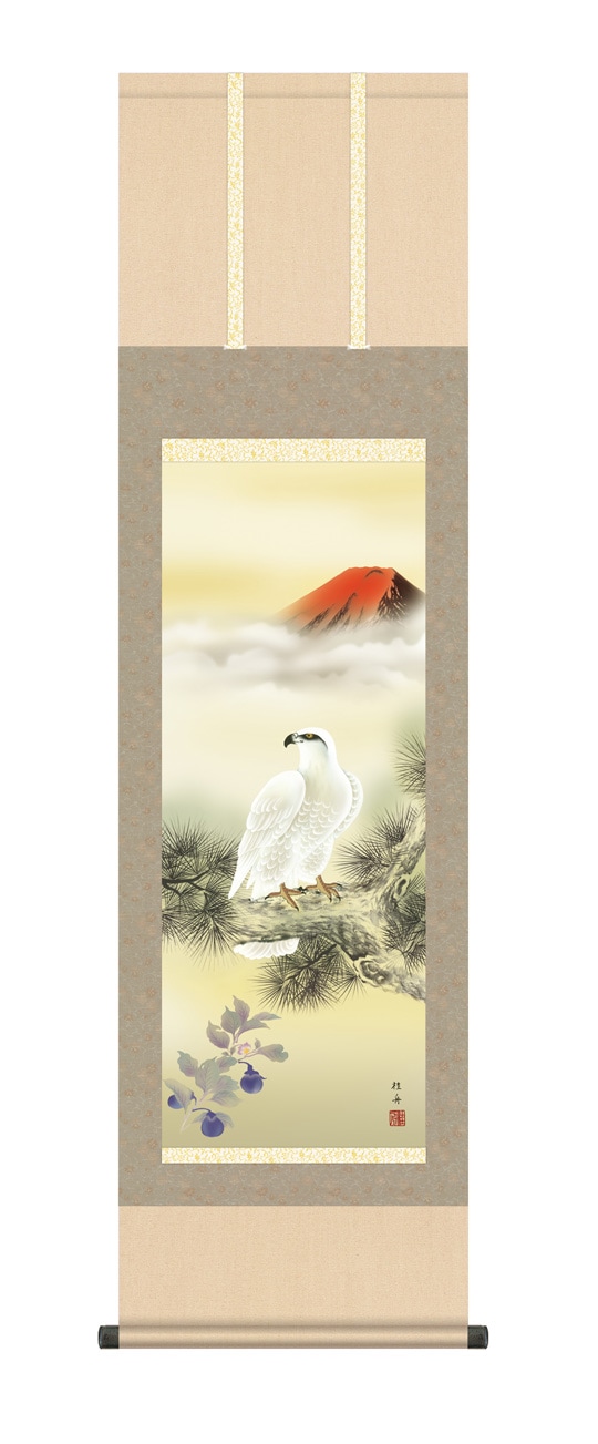 南天に雀』 長江桂舟 洛彩緞子本表装 掛軸 複製名画 花鳥画