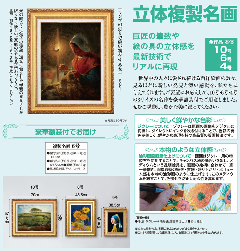 ランプの灯りで縫い物をする女』 ミレー 6号 立体複製名画 額装付 写実
