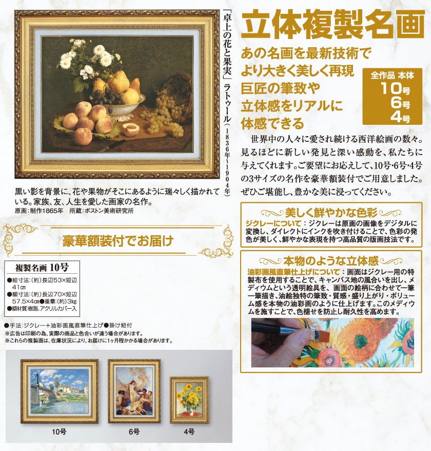 卓上の花と果実』 ラトゥール 10号 立体複製名画 額装付 【ポイント5