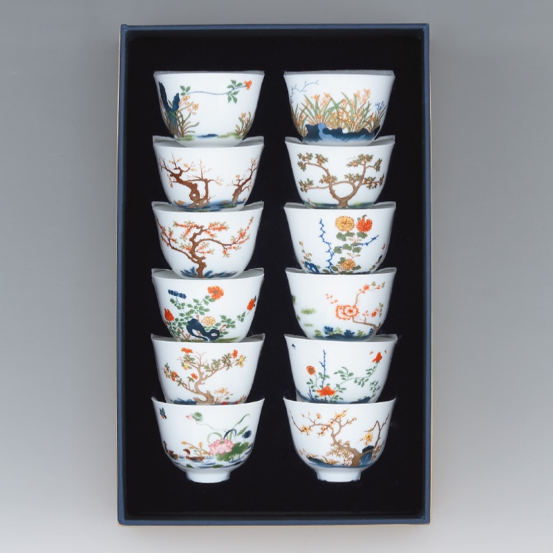 【新品　未使用】中国茶器　十二花神月令杯 五彩十二月令花神杯暨朱漆三元式茶籠-宇珍國際藝術| Yu Jen