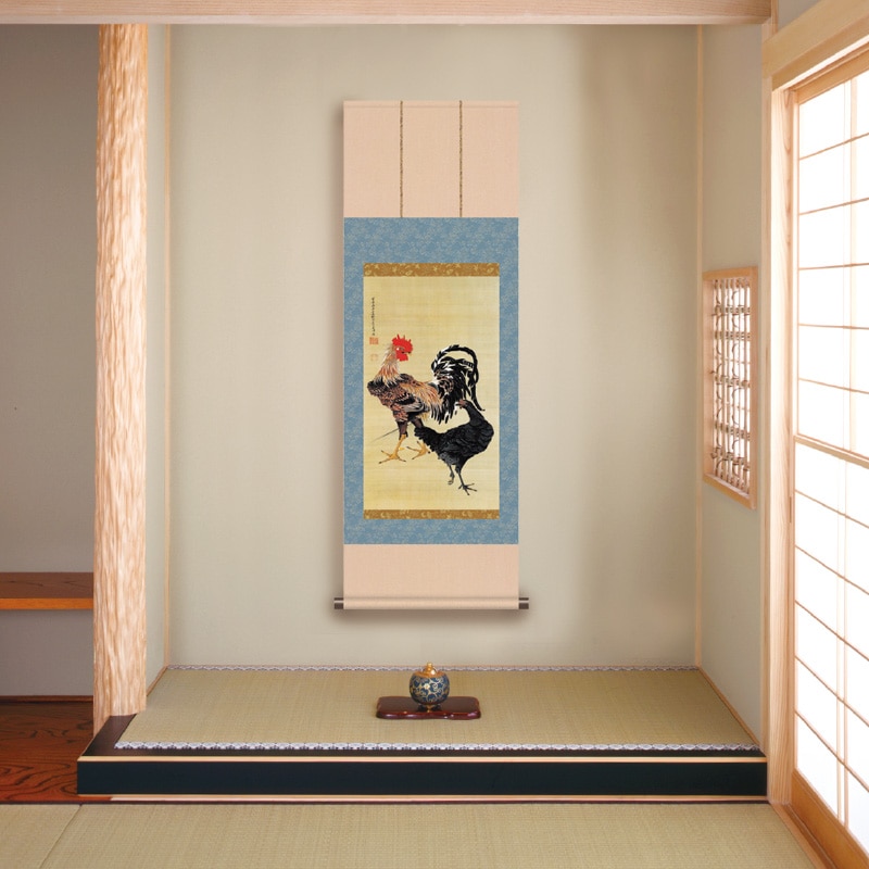 伊藤若冲 動植綵絵 大鶏雌雄図 高級仕様 掛軸 美術品 インテリア