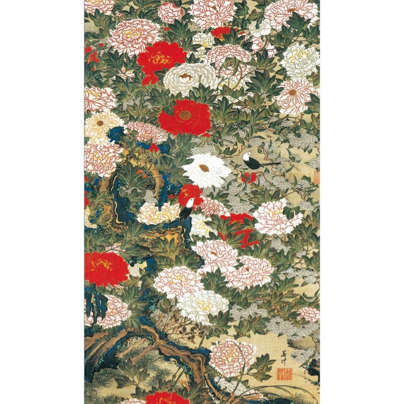 伊藤若冲 動植綵絵 牡丹小禽図 高級仕様 掛軸 美術品 インテリア 作品