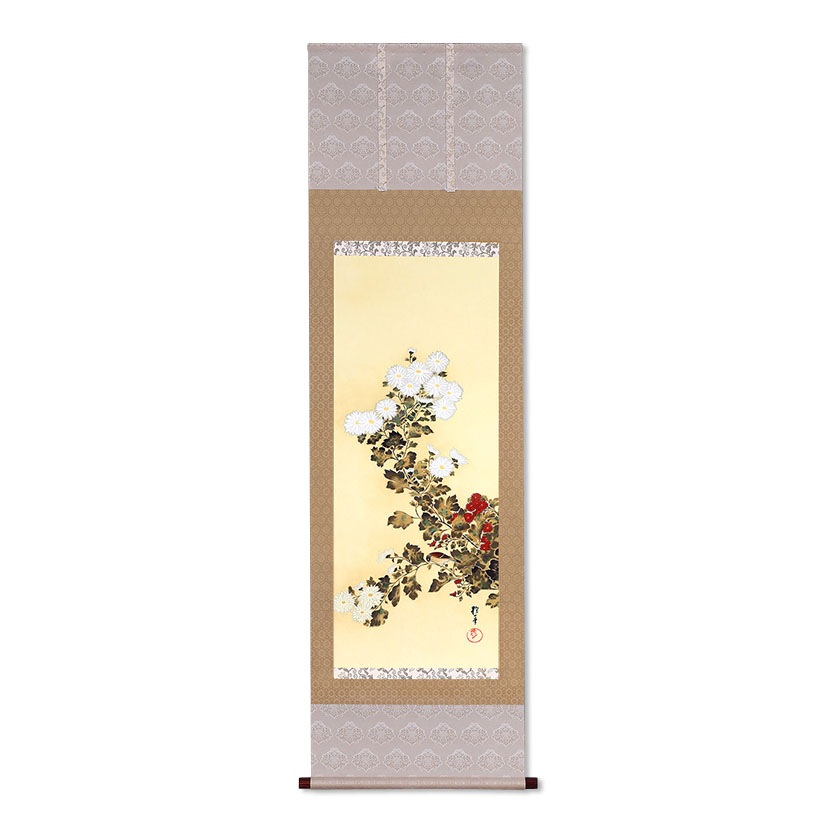 酒井抱一 「十二か月花鳥図」 九月 「菊に子禽図」 複製掛軸