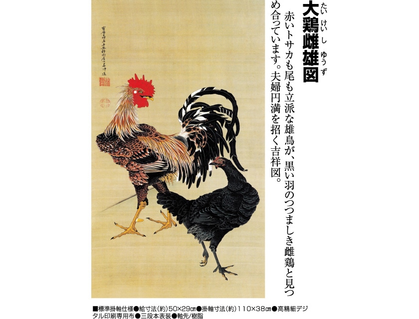伊藤若冲 尺三掛軸 群鶏図 干支 掛軸 動植綵絵掛軸 〕 伊藤若冲 尺三
