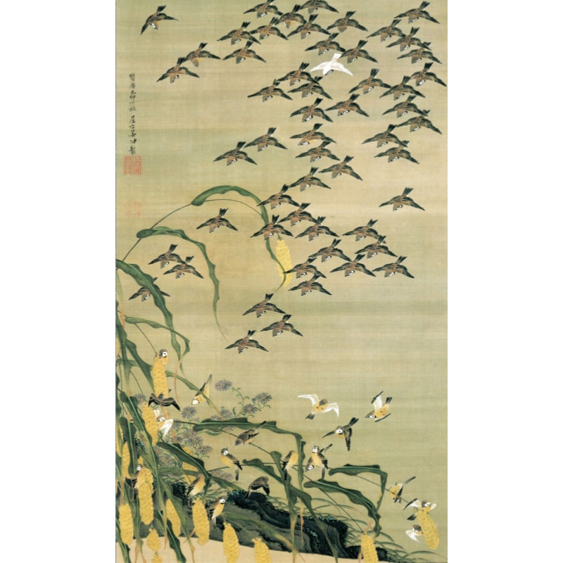 伊藤若冲 動植綵絵 秋塘群雀図 掛軸 美術品 複製 アートの友社