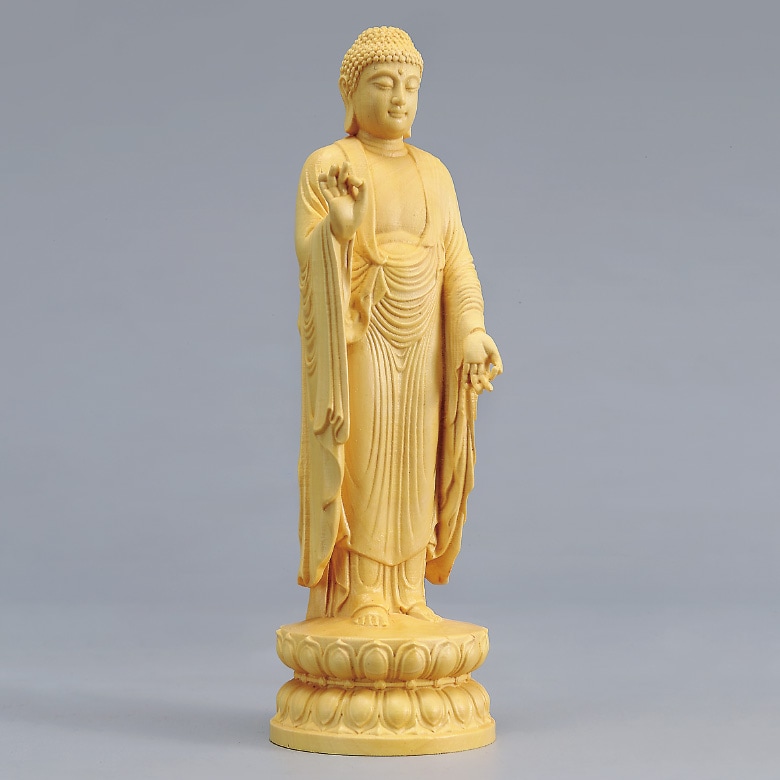送料無料　時代物　柘植/黄楊　細密彫刻阿弥陀如来立像　高さ33.5ｃｍ 阿弥陀如来 立像 高さ33cm 柘植製 木彫り 仏像 : 仏像と縁起物の専門店
