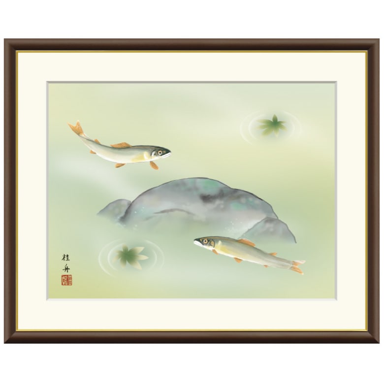 楓に鮎』 長江桂舟 標準額 日本画 複製画 | 額装・掛軸,日本画