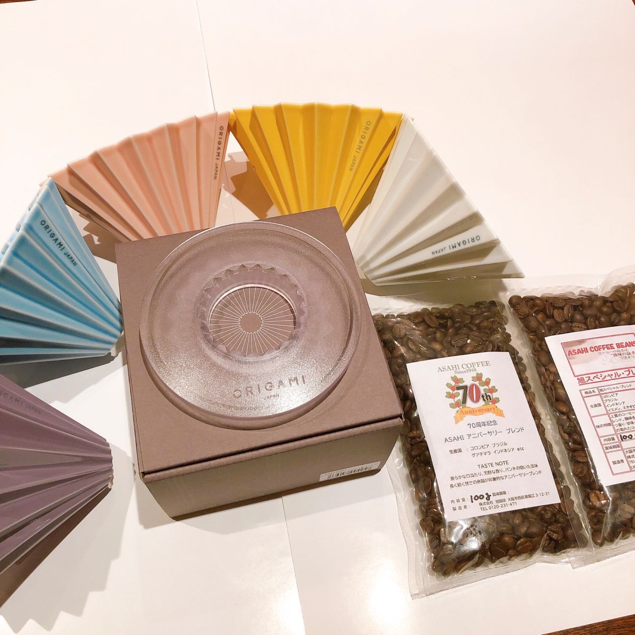 選べる　カラー　ホルダー　コーヒー豆セット　ORIGAMI　オリガミドリッパー　Mサイズ ２～４人用　箱付コーヒー 100g×2種類　200g