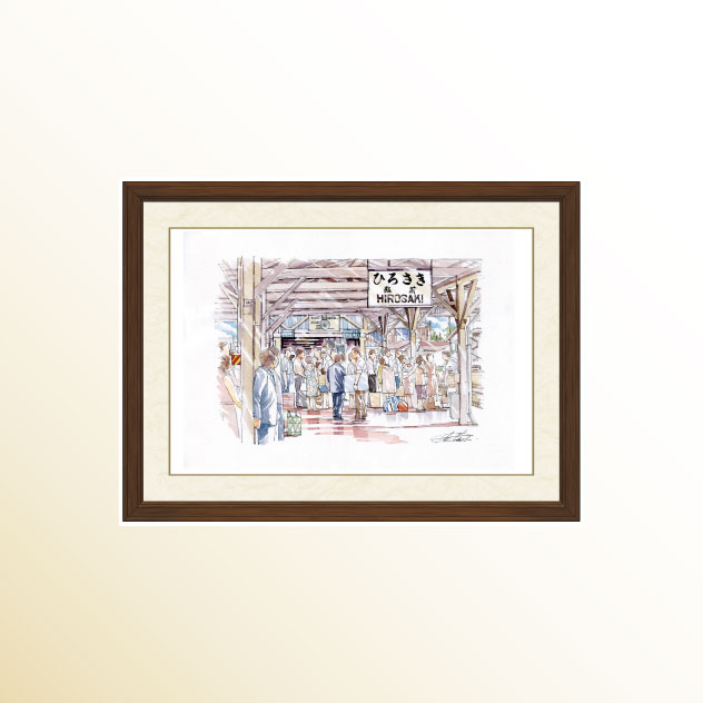 額装入りイラスト　C-04 （昭和42年）弘前駅ホーム