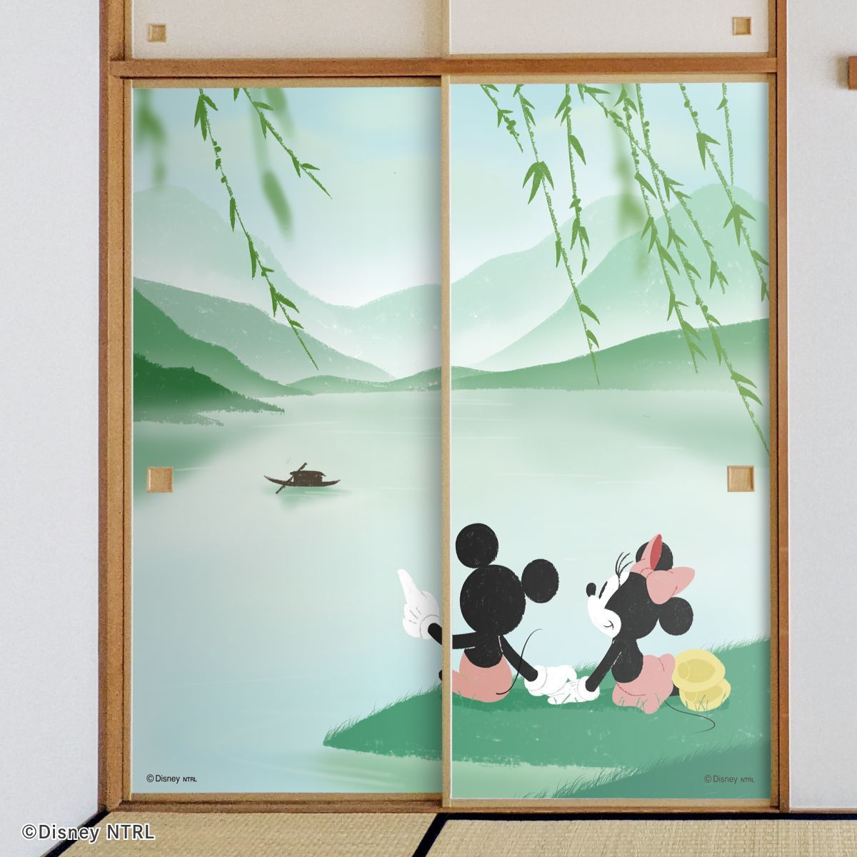 ディズニーキャラクター ふすま紙 ミッキー＆ミニー 湖畔  NTLD-006F 水で貼るタイプ 再湿 襖紙 幅約92cm×長さ約182cm 2枚1組 アサヒペン